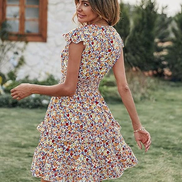 Boho V Neck Floral Print Ruffle Sleeve Layered Mini Dress Cute Smocked Waist Sho - Picture 3 of 7
